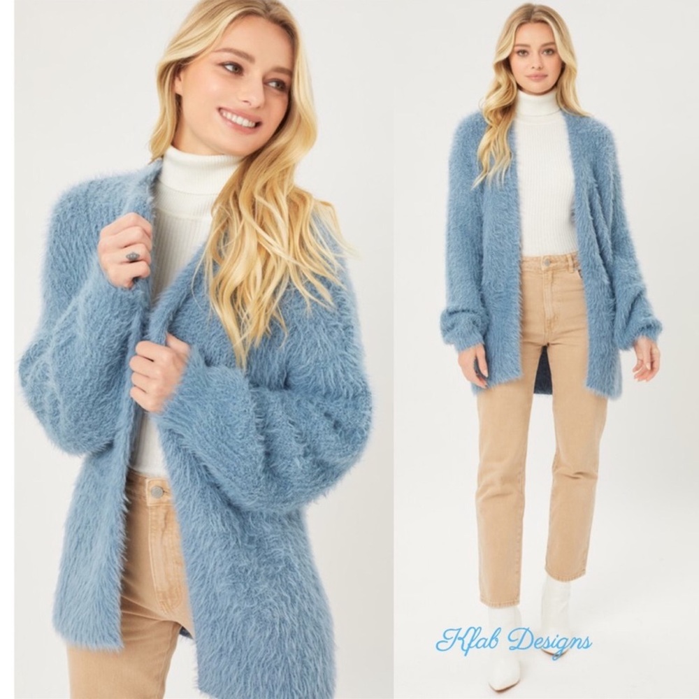 Blue Fuzzy Eyelash Long Stone Soft Open Front Cardigan. - Picture 4 of 5